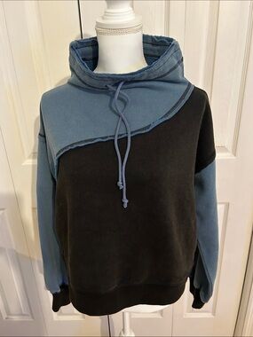 NWT Free People Two-Tone Cowl Sweatshirt in Blue and Black XS